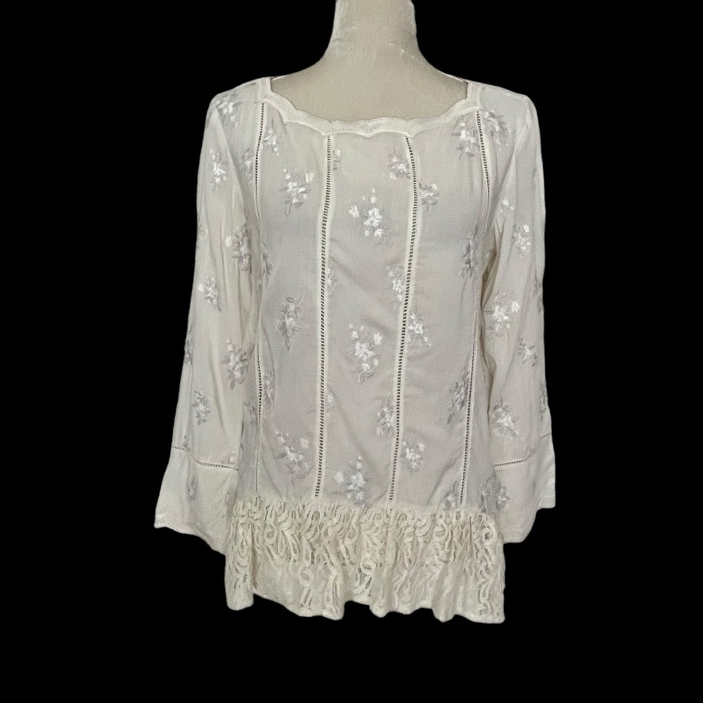 Sundance Lace Embroidered Eyelet Top Women’s Size XSP Ivory Long Sleeves